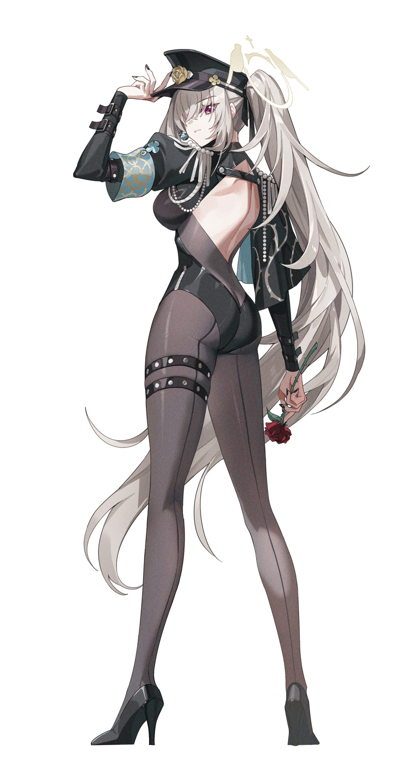 1girl, absurdres, alternate_costume, ass, back, black_leotard, blue_archive, bodystocking, breasts, closed_mouth, commentary_request, flower, full_body, grey_hair, halo, high_heels, highres, large_breasts, leotard, long_hair, looking_at_viewer, memdic_(srs00108), pantyhose, purple_eyes, red_flower, red_rose, rose, sakurako_(blue_archive), side_ponytail, thigh_strap, very_long_hair