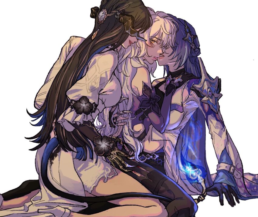 3girls, acheron_(honkai:_star_rail), armor, black_flower, black_hair, black_swan_(honkai:_star_rail), breasts, choker