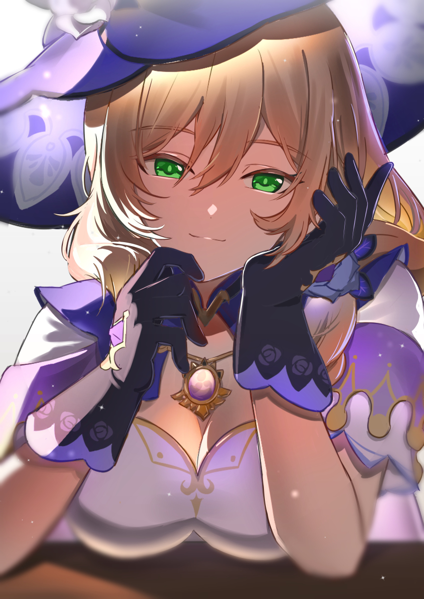 1girl, absurdres, black_gloves, breasts, brown_hair, cleavage, closed_mouth, commentary_request, double-parted_bangs, dress, elbow_rest, genshin_impact, gloves, green_eyes, hair_between_eyes, hat, highres, large_breasts, lisa_(genshin_impact), long_hair, looking_at_viewer, purple_dress, purple_hat, short_sleeves, simple_background, smile, smtoau, solo, upper_body, white_background, witch_hat