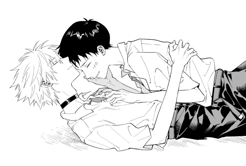 2boys, adam's_apple, belt, blush, closed_eyes, closed_mouth, collared_shirt, commentary_request