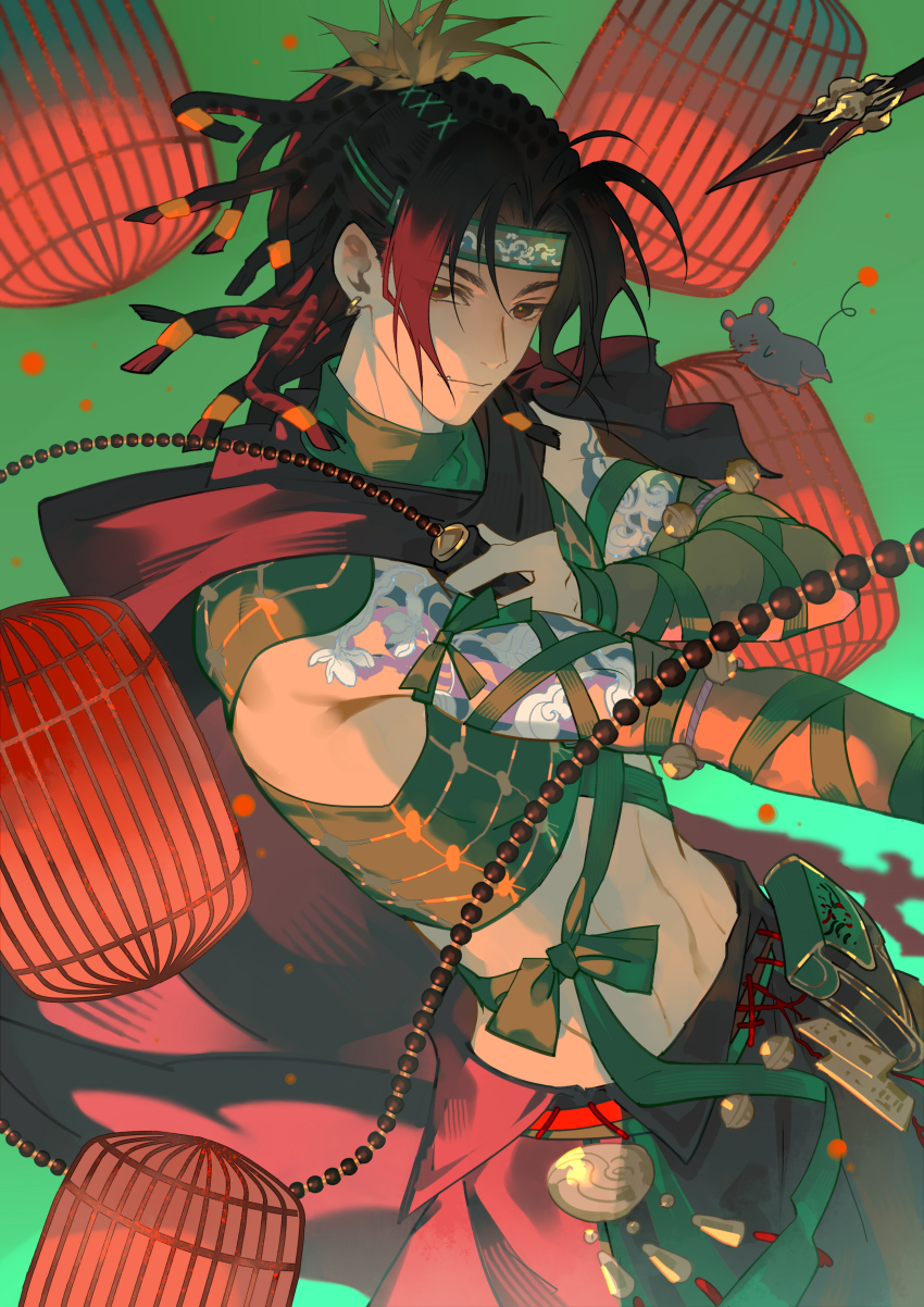 1boy, abs, absurdres, arm_tattoo, bian_(weapon), black_hair, brown_eyes, chinese_clothes