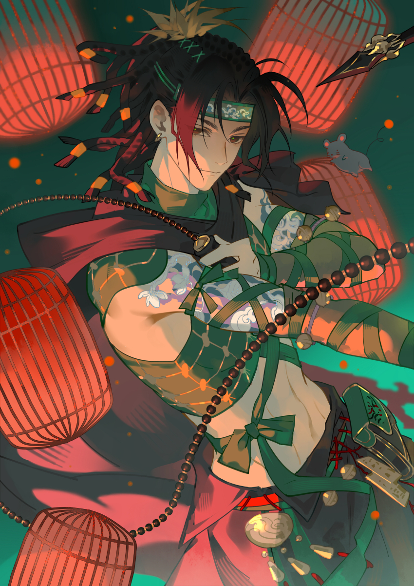 1boy, abs, absurdres, arm_tattoo, bian_(weapon), black_hair, brown_eyes, chinese_clothes
