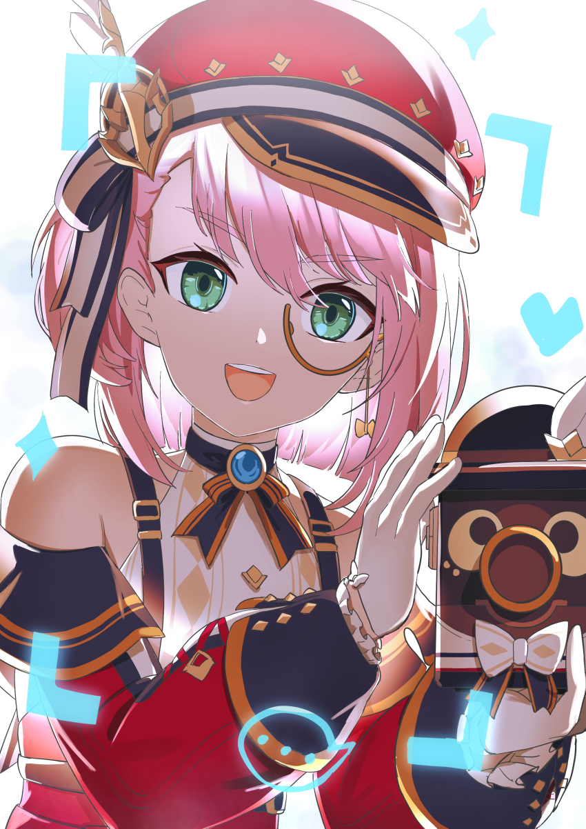 1girl, :d, absurdres, bare_shoulders, black_choker, black_ribbon, blue_gem, camera