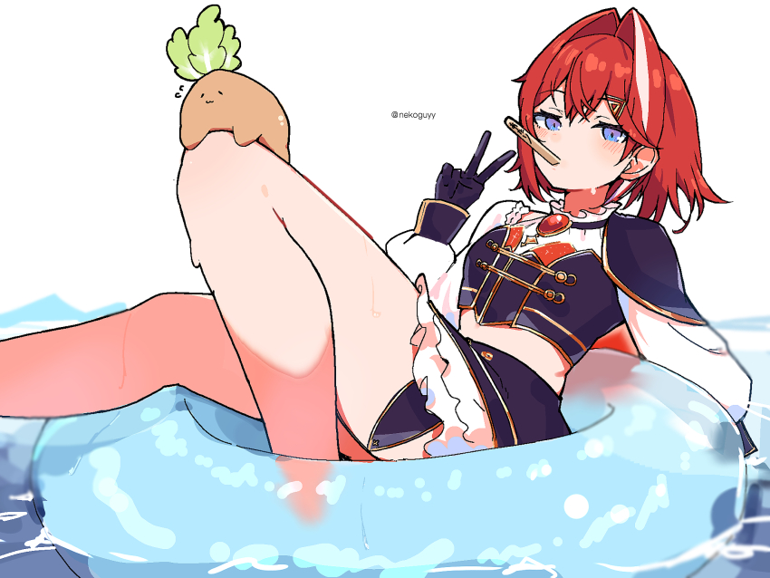 1girl, :3, ange_katrina, bare_legs, blue_eyes, blush, breasts, cape