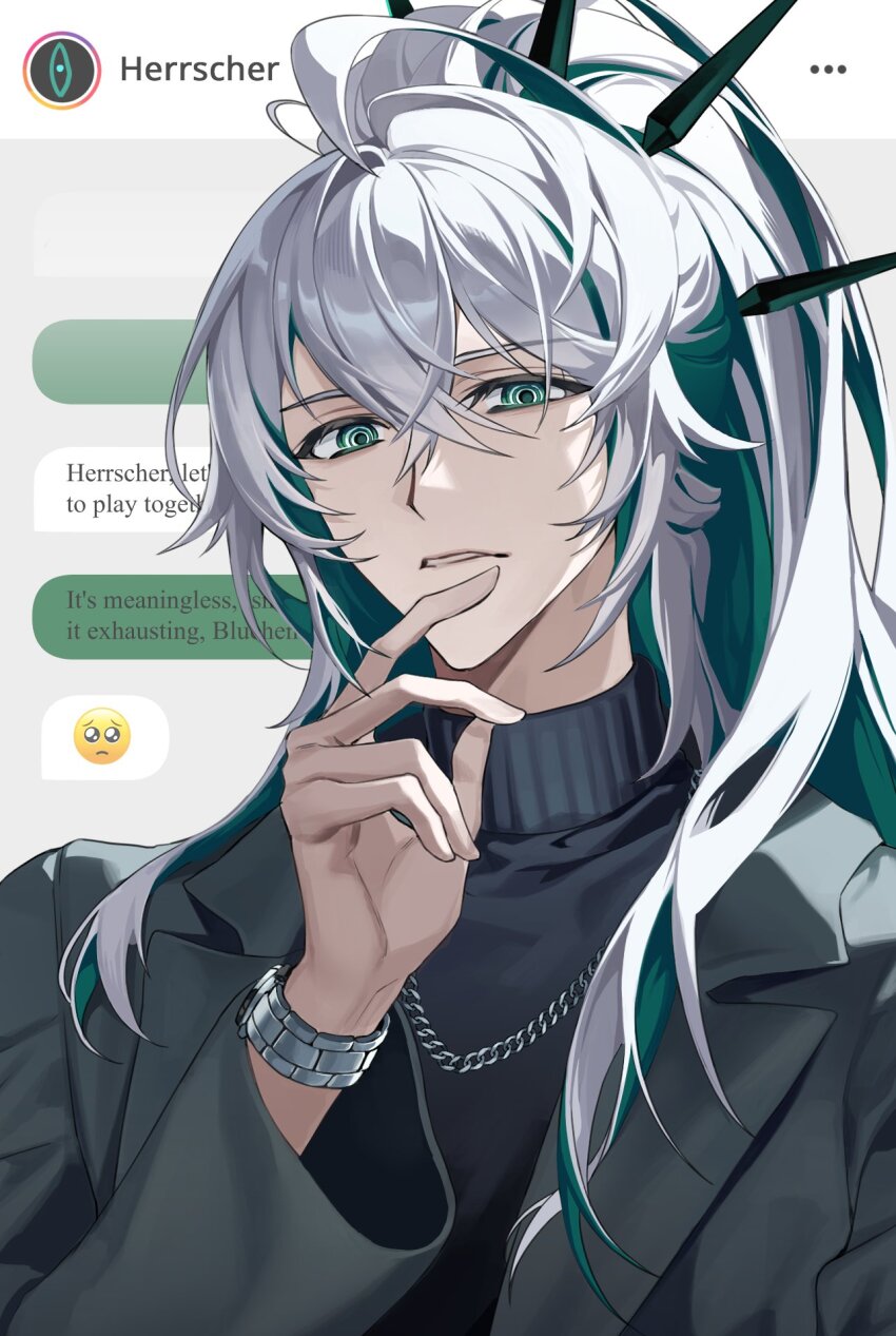 1boy, ahoge, ainchase_ishmael, alternate_costume, black_jacket, black_shirt, chat_log, colored_inner_hair