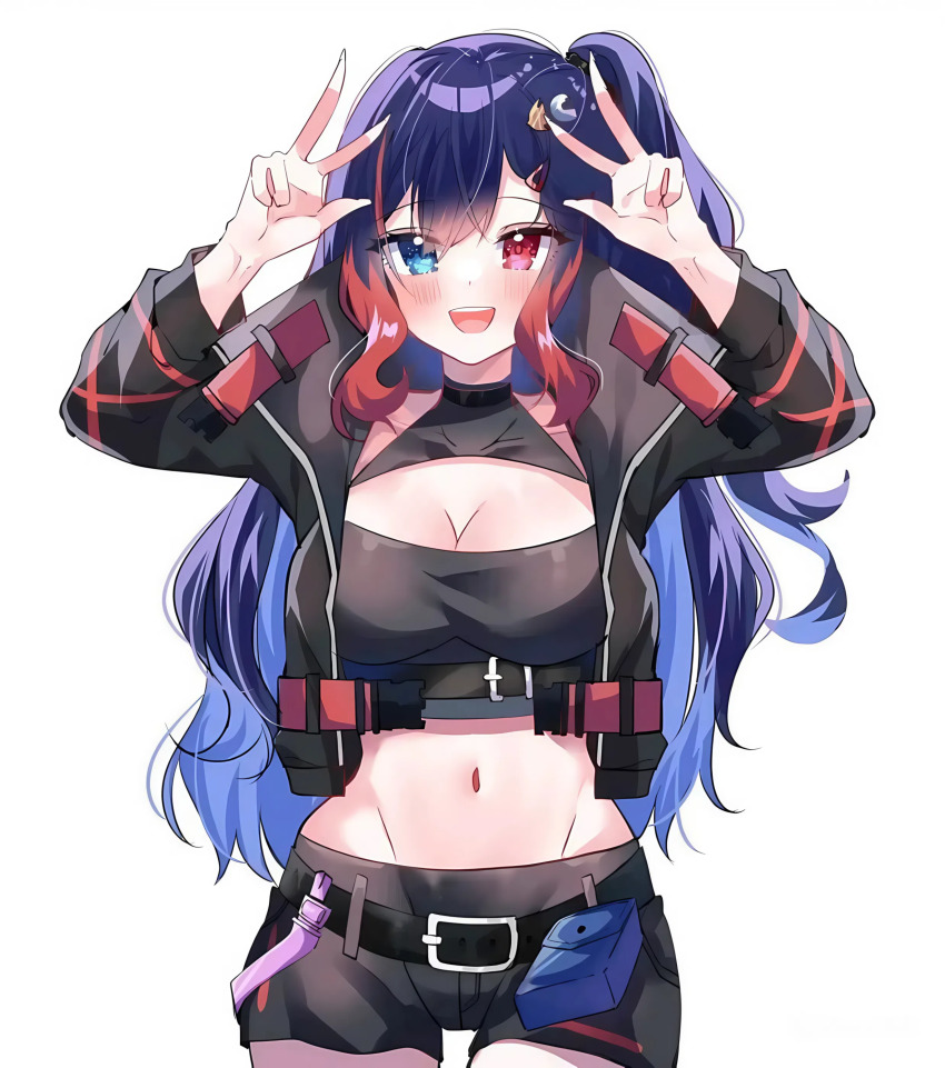 1girl, absurdres, airi_cordelia, aka_virtual, belt, belt_buckle, belt_pouch, black_jacket, black_scrunchie, black_shorts, blue_eyes, blue_hair, blush, breasts, buckle, collarbone, cowboy_shot, cropped_jacket, double_v, heterochromia, highres, indie_virtual_youtuber, jacket, midriff, multicolored_hair, navel, non-web_source, official_art, open_mouth, pouch, red_eyes, red_hair, scrunchie, shorts, smile, solo, teeth, upper_teeth_only, v, virtual_youtuber