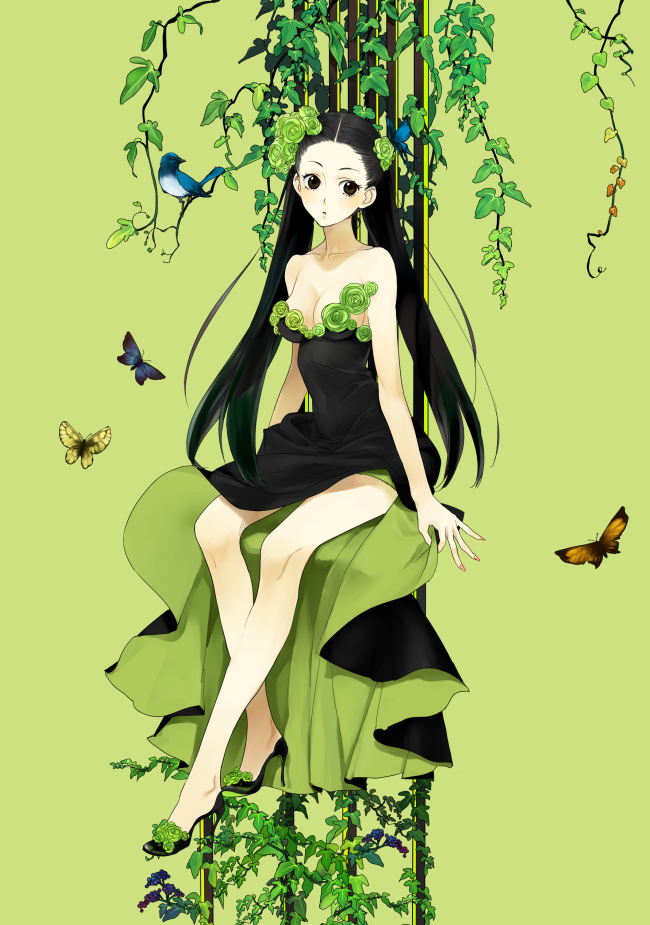 1girl, bird, black_eyes, black_hair, breasts, bug, butterfly, cleavage