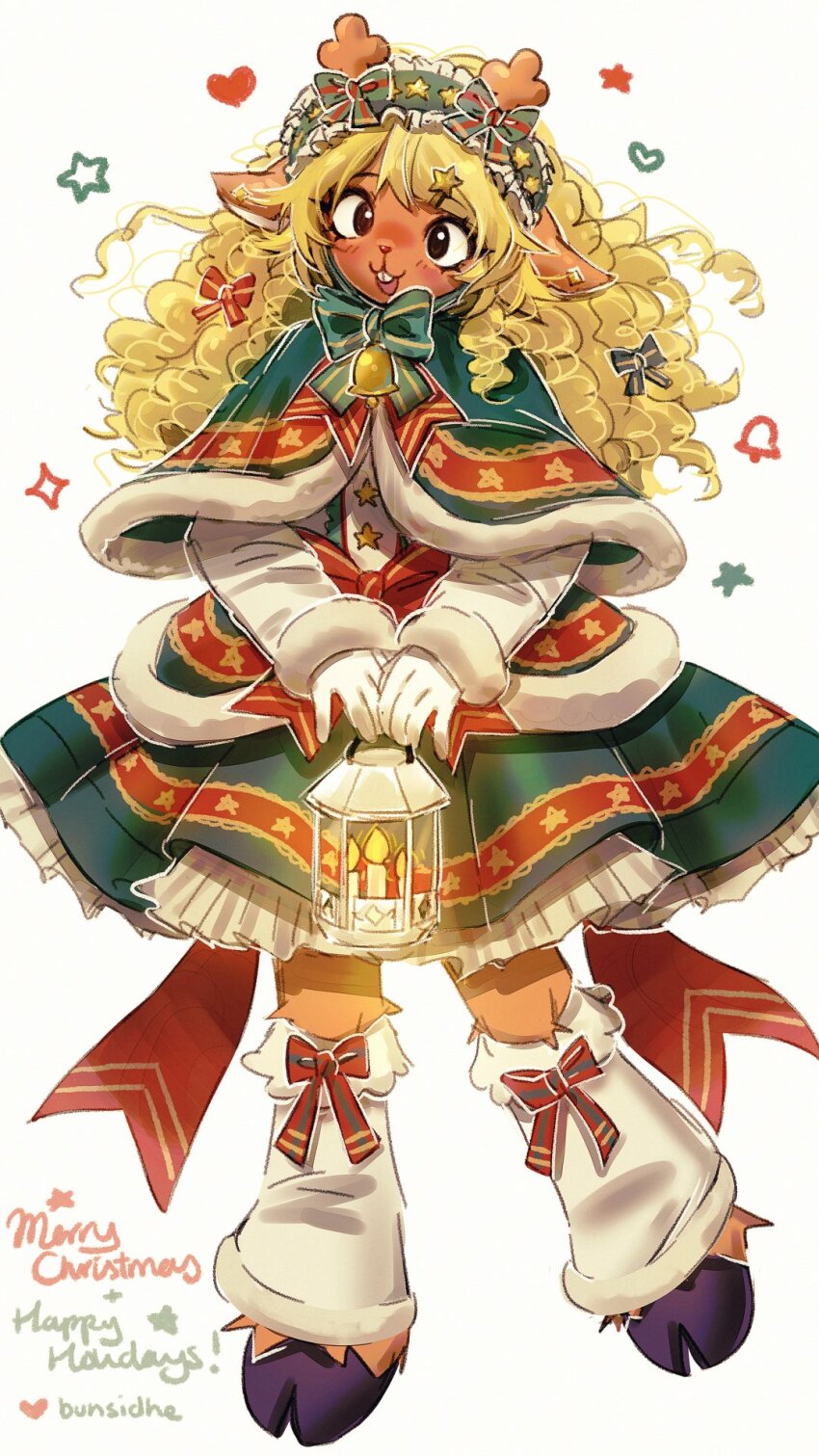 1girl, alternate_costume, an-coinin, animal_ears, animal_nose, antlers, artist_name, bell