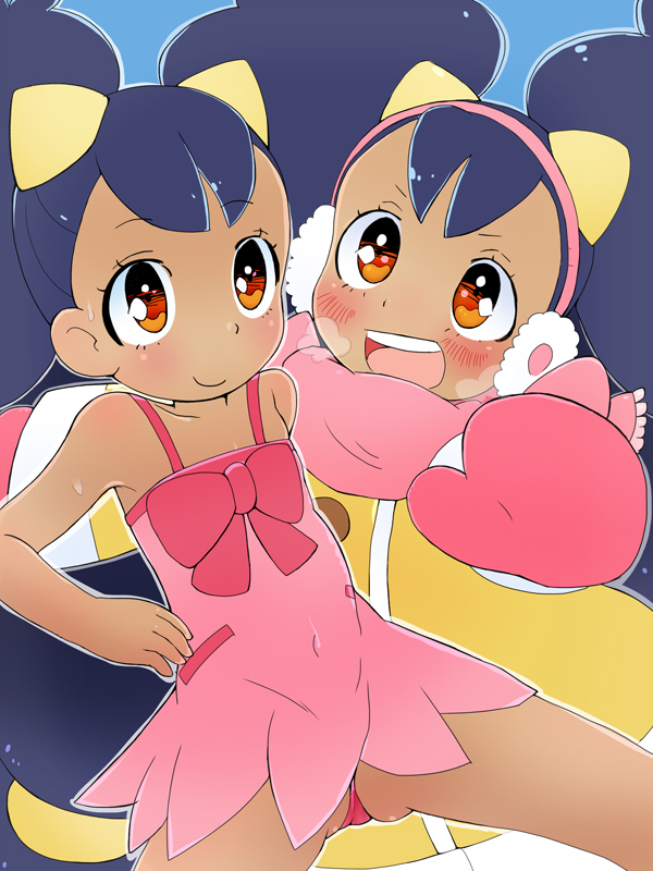 1girl, blush, bobo_(bobo_77s), coat, dark-skinned_female, dark_skin, dual_persona, earmuffs