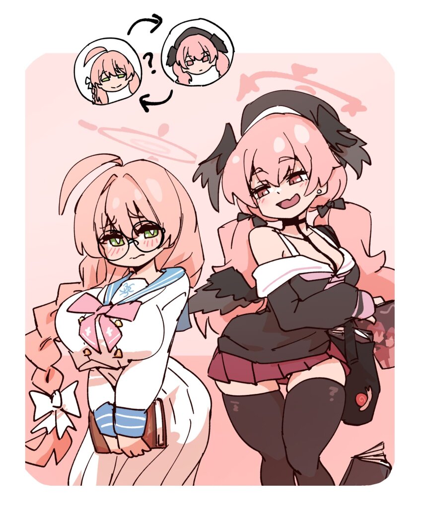 2girls, ahoge, bag, bare_shoulders, beret, black_wings, blue_archive, book