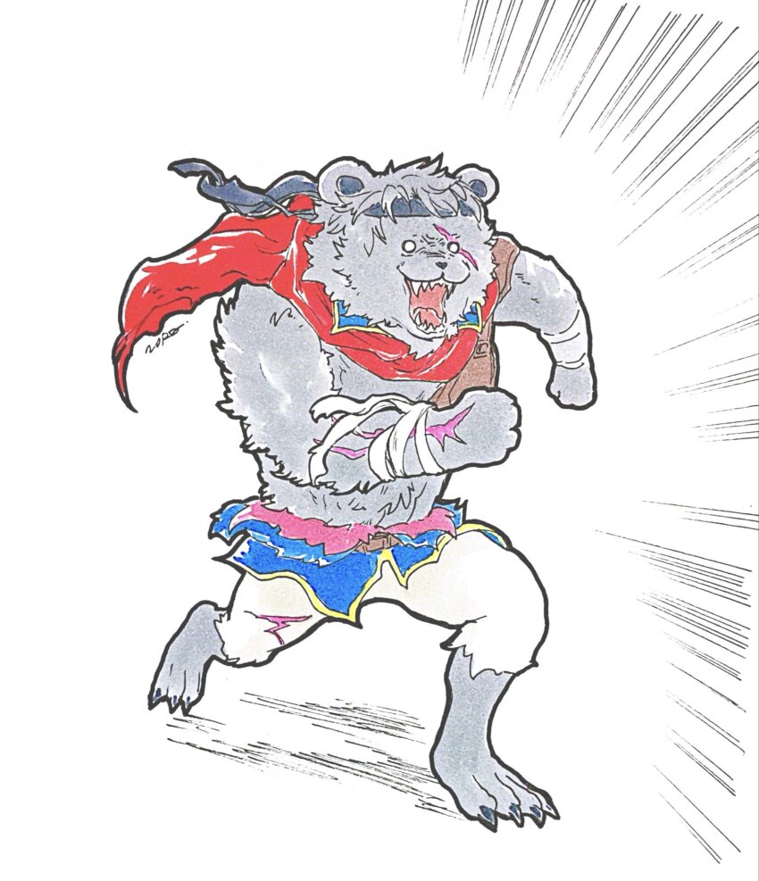 1boy, alternate_form, bear_boy, cape, dark_persona, emphasis_lines, fire_emblem, fire_emblem_shadows, furry, furry_male, headband, highres, ike_(fire_emblem), ike_(radiant_merc)_(fire_emblem), male_focus, nintendo, norajiyuuchou, open_mouth, pedobear, red_cape, scar, sharp_teeth, solo, teeth, torn_clothes