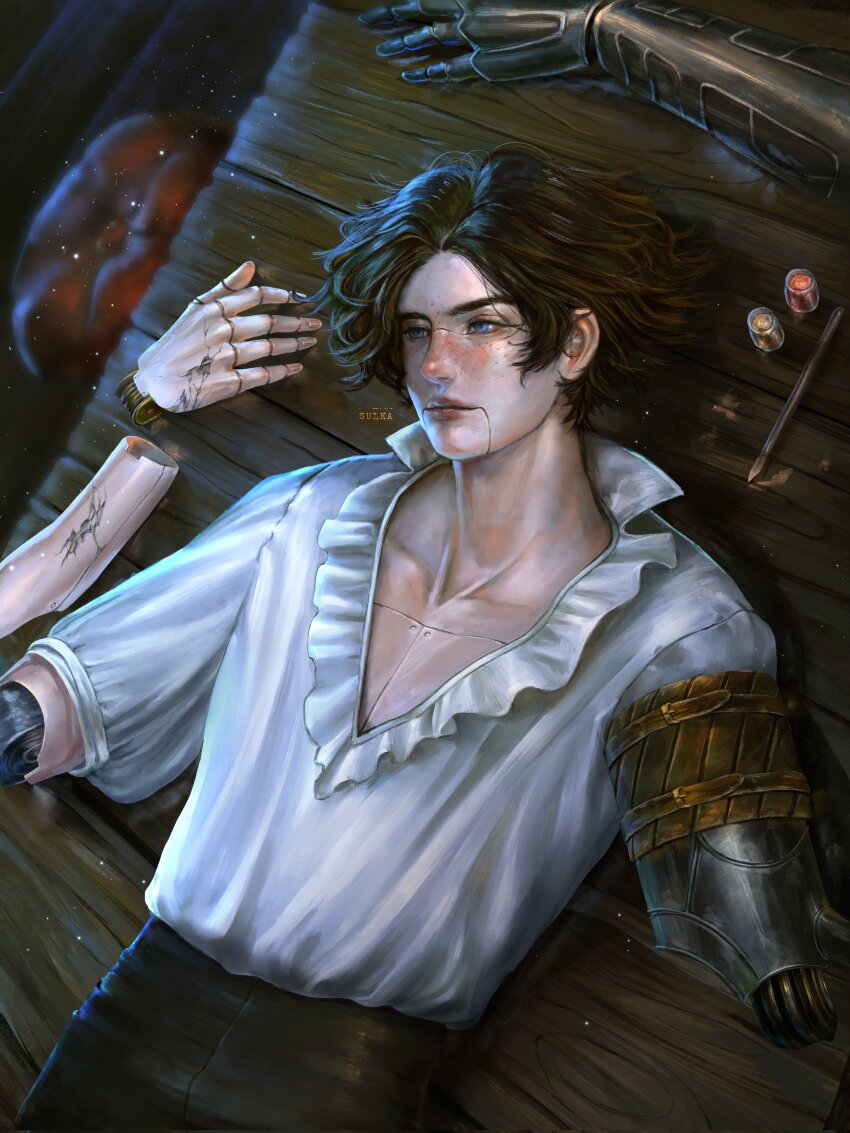 1boy, absurdres, artist_name, black_hair, black_pants, blue_eyes, commentary, corrupted_twitter_file