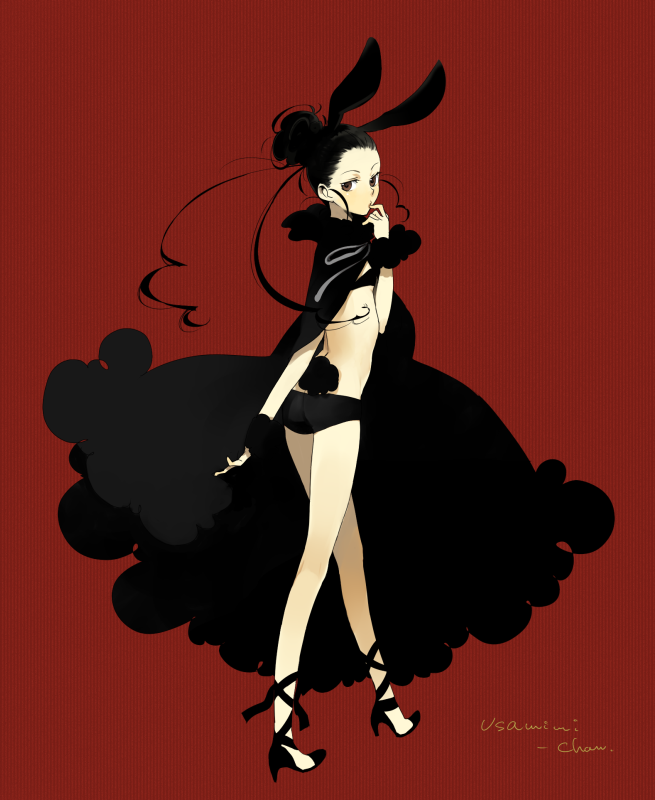 1girl, animal_ears, black_hair, bra, cape, female_focus, high_heels, ie