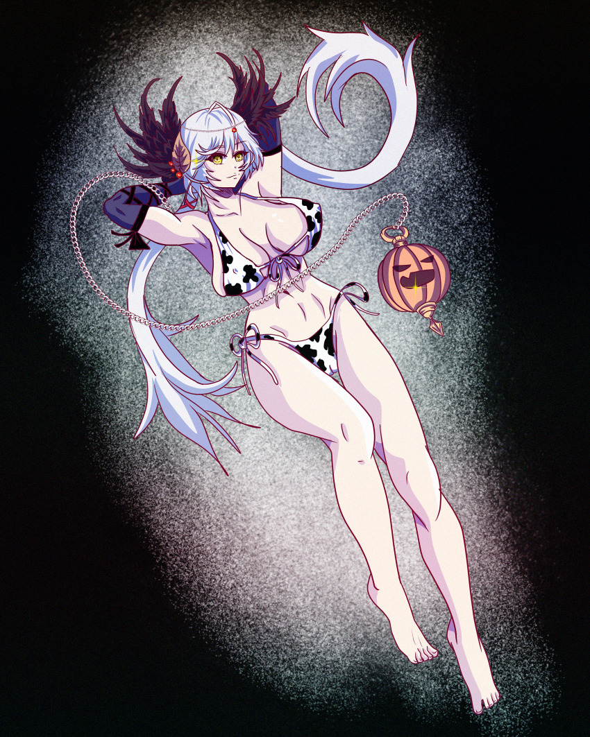 1girl, absurdres, animal_print, arms_behind_head, barefoot, bikini, breasts, chaos_karen_(grimms_notes)