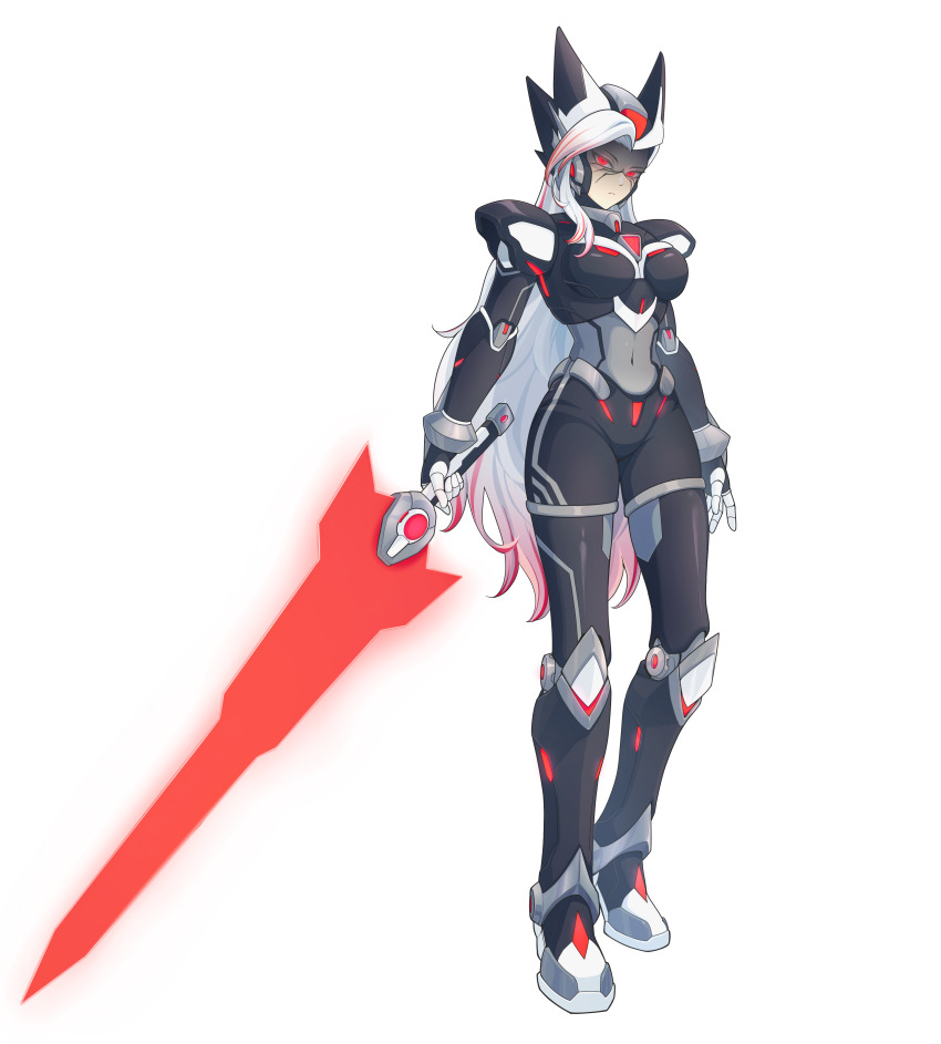 1girl, absurdres, adapted_costume, alternate_costume, armor, armored_boots, body_armor, bodystocking, boots, breasts, chest_jewel, commission, commissioner_upload, covered_navel, energy_sword, facial_mark, fake_zero_(mega_man), forehead_jewel, full_body, gauntlets, genderswap, genderswap_(mtf), helmet, highres, holding, holding_sword, holding_weapon, knee_armor, knee_boots, mature_female, mechanical_ears, medium_breasts, mega_man_(series), mega_man_x2, mega_man_x_(series), multicolored_hair, non-web_source, red_eyes, red_streaks, shaded_face, shorts, shoulder_armor, solo, streaked_hair, sword, thighs, transparent_background, two-tone_hair, uta_guipiy, wavy_hair, weapon, white_hair