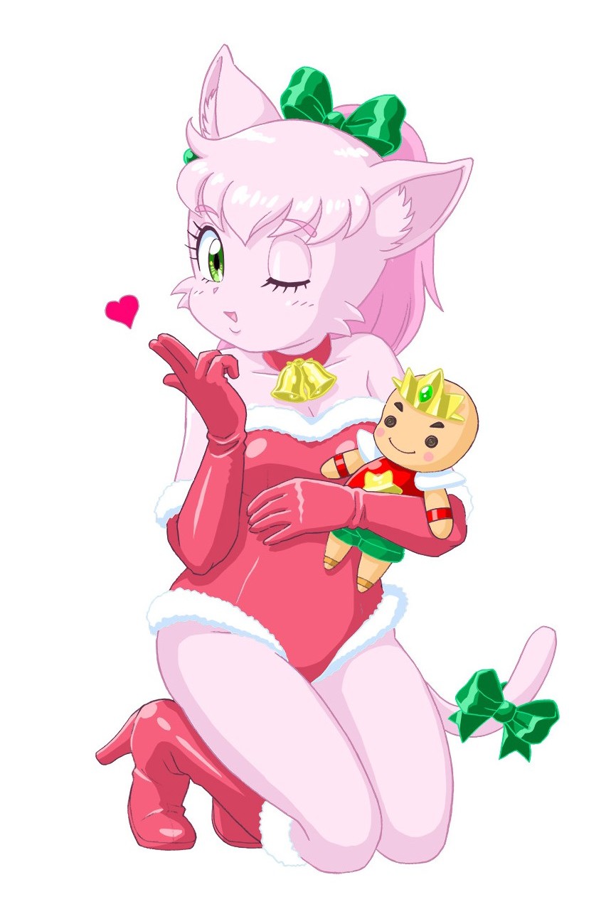 1girl, animal_ear_fluff, animal_ears, bare_shoulders, bell, blowing_kiss, body_fur, boots