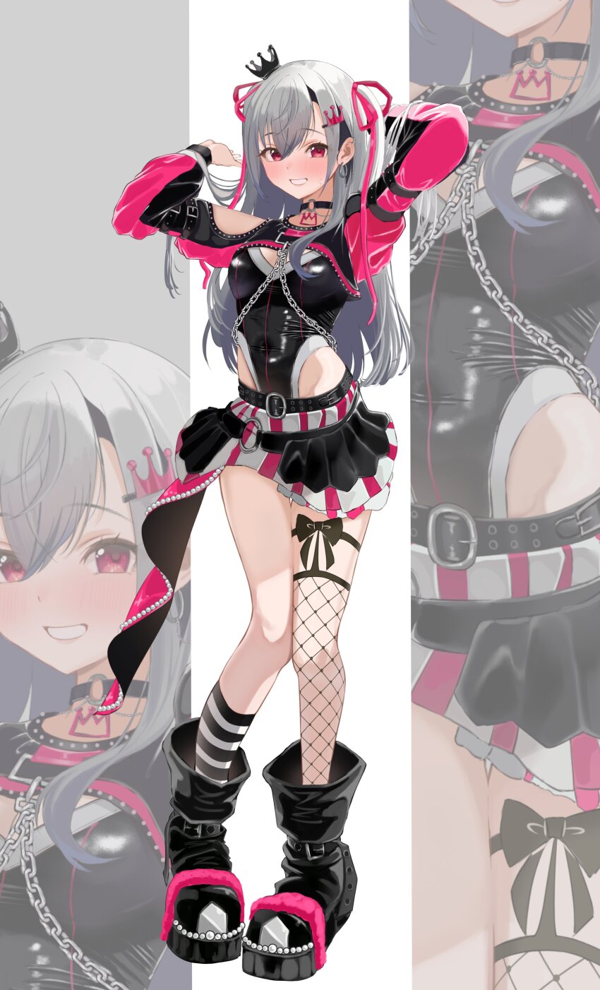1girl, absurdres, asymmetrical_legwear, black_boots, black_choker, blush, boots, breasts, chain, choker, commentary, covered_navel, crown, crown_hair_ornament, earrings, fishnet_thighhighs, fishnets, full_body, grey_hair, grin, hair_between_eyes, hair_ornament, hair_ribbon, highleg, highleg_leotard, highres, hololive, hololive_dev_is, hoop_earrings, isaki_riona, isaki_riona_(flowglow_uniform), jewelry, layered_skirt, leotard, leotard_under_clothes, long_hair, looking_at_viewer, medium_breasts, nekoi_(nekoi_0116), official_alternate_costume, pink_ribbon, pleated_skirt, red_eyes, ribbon, shrug_(clothing), single_sock, single_thighhigh, skirt, smile, socks, solo, standing, strapless, strapless_leotard, striped_clothes, striped_socks, thighhighs, virtual_youtuber, zoom_layer