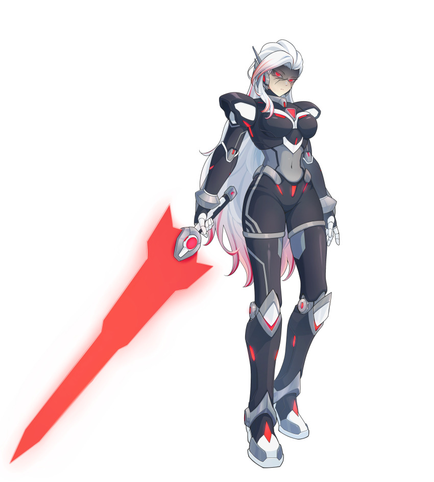 1girl, absurdres, adapted_costume, alternate_costume, armor, armored_boots, body_armor, bodystocking, boots, breasts, chest_jewel, commission, commissioner_upload, covered_navel, energy_sword, facial_mark, fake_zero_(mega_man), forehead_jewel, full_body, gauntlets, genderswap, genderswap_(mtf), highres, holding, holding_sword, holding_weapon, knee_armor, knee_boots, mature_female, mechanical_ears, medium_breasts, mega_man_(series), mega_man_x2, mega_man_x_(series), multicolored_hair, missing_headwear, non-web_source, red_eyes, red_streaks, shaded_face, shorts, shoulder_armor, solo, streaked_hair, sword, thighs, transparent_background, two-tone_hair, uta_guipiy, wavy_hair, weapon, white_hair