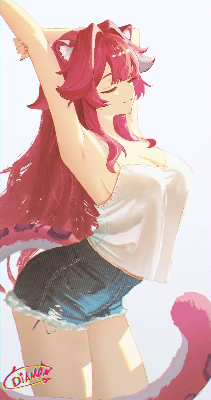 1girl, alternate_costume, animal_ear_fluff, animal_ears, arm_behind_head, arm_up, armpits, blue_shorts, breasts, camisole, cleavage, closed_eyes, closed_mouth, commentary, cutoffs, denim, denim_shorts, diamon_(diamonmurly), double-parted_bangs, eyelashes, fingernails, from_side, hair_flaps, hair_intakes, highres, hololive, hololive_english, large_breasts, long_hair, multicolored_hair, nail_polish, panther_ears, panther_girl, panther_tail, pink_hair, pink_nails, raora_panthera, shorts, sidelocks, signature, simple_background, solo, spaghetti_strap, streaked_hair, stretching, tail, thighs, virtual_youtuber, white_background, white_camisole, white_hair