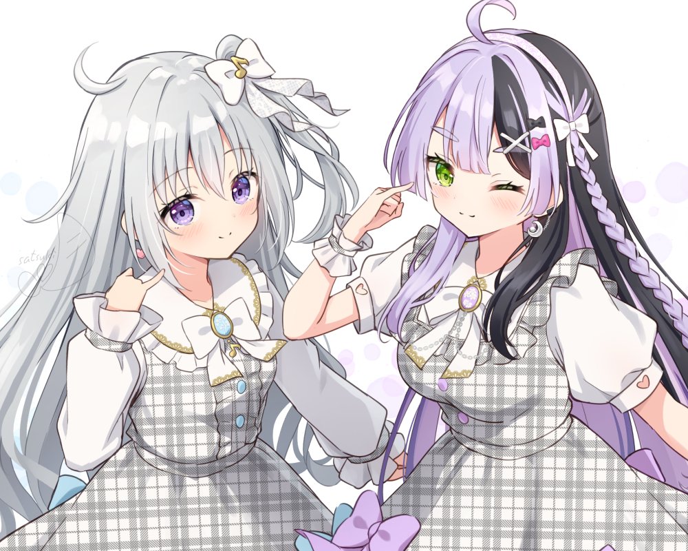 2girls, ahoge, black_hair, black_streaks, bow, bowtie, breasts, closed_mouth