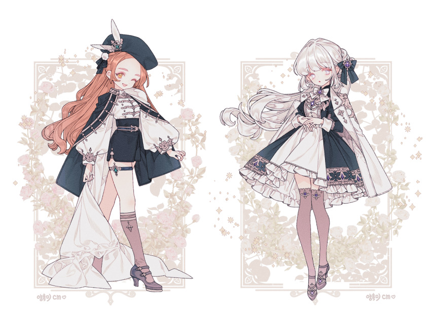 2girls, artist_name, belt, black_dress, black_hat, border, bow, cape