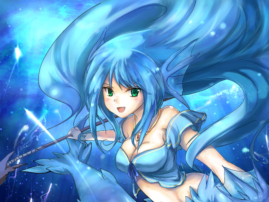 1girl, animal_ears, blue_hair, blue_shirt, breasts, cleavage, commentary, english_commentary, fins, green_eyes, head_fins, holding, holding_polearm, holding_weapon, jessie_(mon-musu_quest!), jewelry, litkung, long_hair, looking_at_viewer, mermaid, mon-musu_quest!, monster_girl, navel, necklace, polearm, shirt, short_sleeves, smile, solo, tail, underwater, weapon