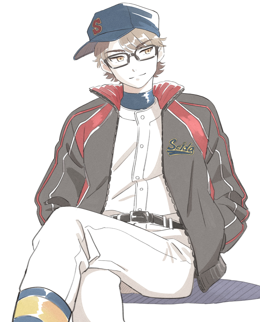1boy, ace_of_diamond, baseball_cap, belt, black-framed_eyewear, brown_hair, commentary_request, crossed_legs