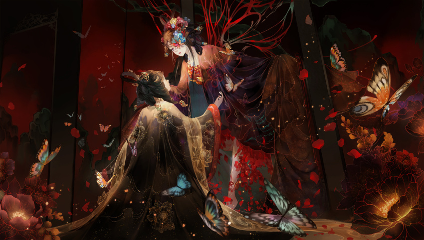 2girls, absurdres, black_flower, black_hair, black_hanfu, black_robe, blue_butterfly, blue_flower