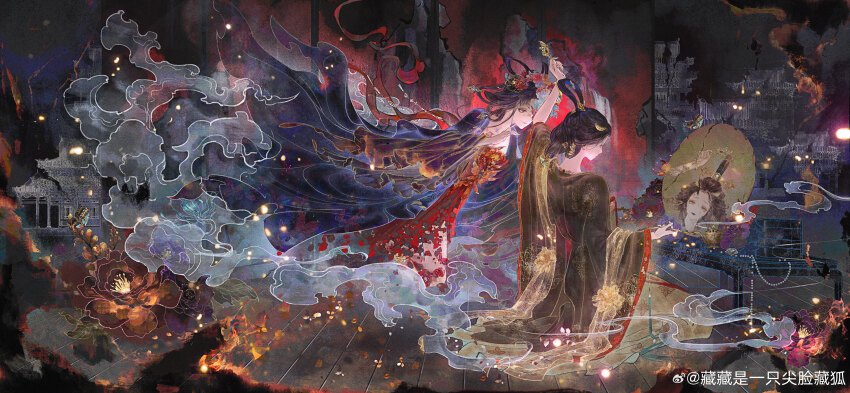 2girls, absurdres, arm_up, bangs_pinned_back, black_hair, black_hanfu, black_robe, butterfly_in_eye