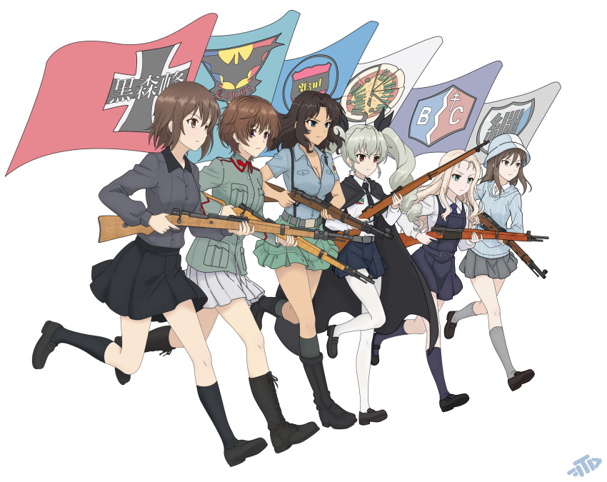 6+girls, anchovy_(girls_und_panzer), anzio_(emblem), anzio_school_uniform, aoshidan_(emblem), aoshidan_school_uniform, bc_freedom_(emblem), bc_freedom_school_uniform, black_cape, black_hair, black_necktie, black_shirt, black_shoes, black_skirt, black_socks, black_sweater, blonde_hair, blue_eyes, blue_hat, blue_shirt, brown_hair, cape, character_request, commentary, count_(emblem), count_military_uniform, dark-skinned_female, dark_skin, dress, el_(girls_und_panzer), emblem, english_commentary, flag, full_body, girls_und_panzer, girls_und_panzer_momi_no_ki_to_tetsu_no_hane_no_majo, grey_hair, grey_shirt, grey_skirt, grey_socks, gun, hat, highres, holding, holding_flag, holding_gun, holding_weapon, keizoku_(emblem), keizoku_school_uniform, kohiyama_noemi, kuromorimine_(emblem), kuromorimine_school_uniform, long_hair, long_sleeves, marie_(girls_und_panzer), mika_(girls_und_panzer), multiple_girls, necktie, nishizumi_maho, pantyhose, pinafore_dress, red_eyes, rifle, running, school_uniform, shirt, shoes, short_hair, simple_background, skirt, sleeveless, sleeveless_dress, socks, standing, sweater, thedaniilfox, tulip_hat, walking, weapon, weapon_request, white_background, white_pantyhose, white_skirt
