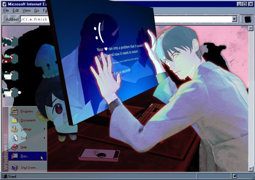 1boy, black_hair, blue_screen_of_death, commentary_request, demon_horns, different_reflection, elbow_rest, error_message, hand_on_screen, highres, horns, instrument, internet_explorer, keyboard_(instrument), kim_dokja, leaning_forward, looking_at_viewer, male_focus, microsoft_windows, monitor, official_art, omniscient_reader's_viewpoint, phone, reflection, short_hair, tix_0314, upper_body, window_(computing), yellow_eyes
