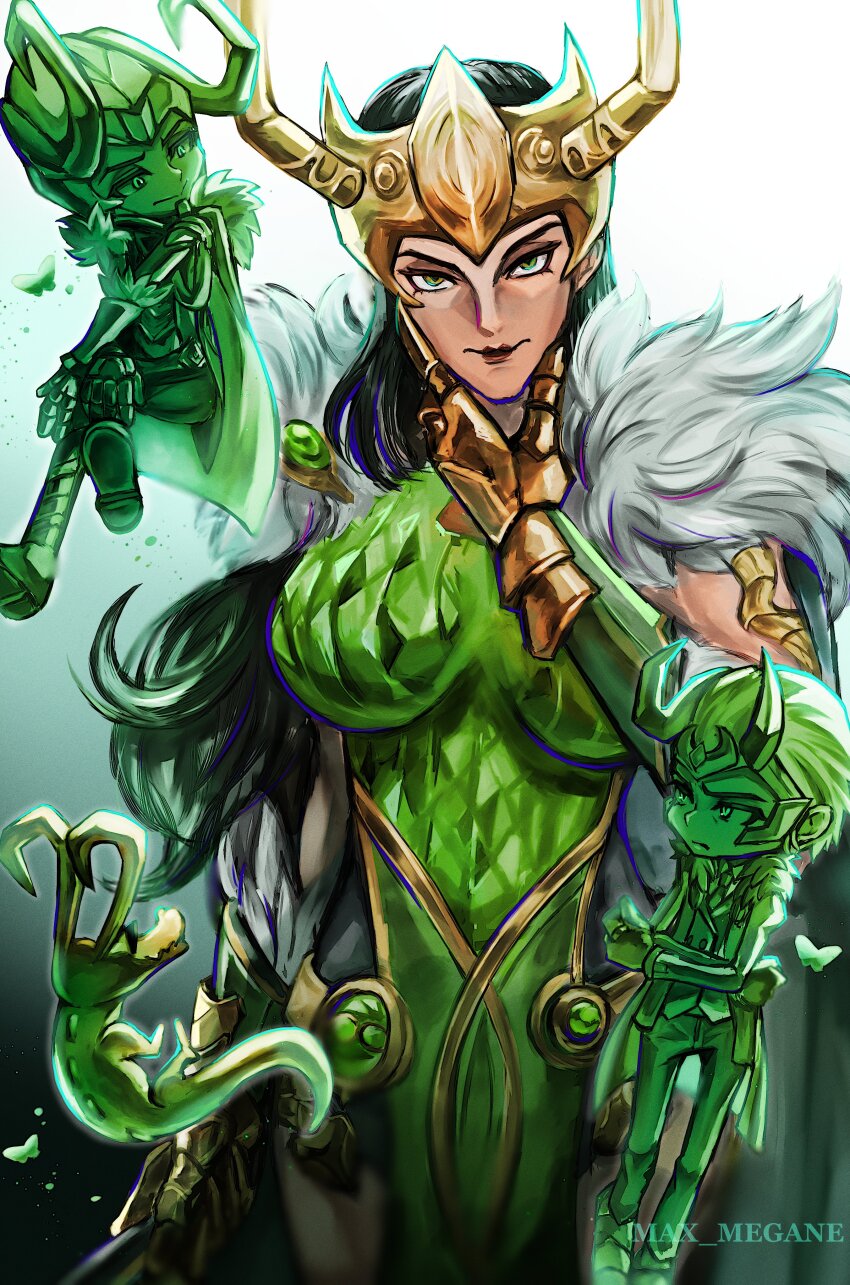 1girl, 2boys, absurdres, alligator, alligator_loki, alternate_form, armor, artist_name