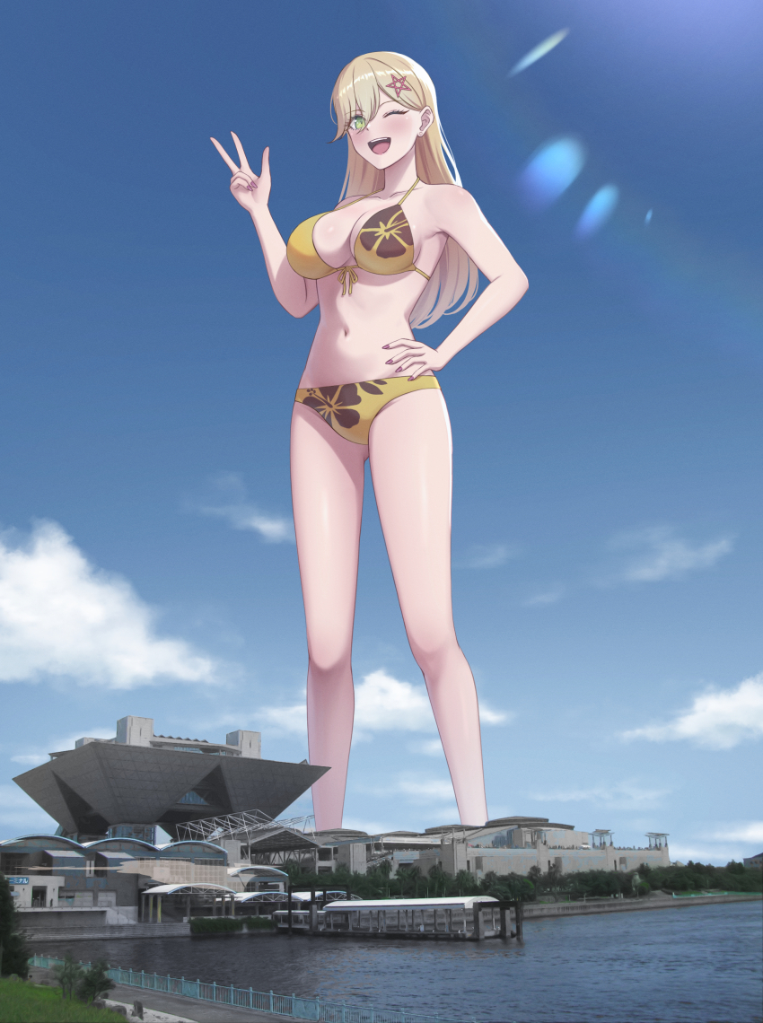 2.5_jigen_no_ririsa, ;), absurdres, bikini, blonde_hair, commission, flower_print_bikini, giant