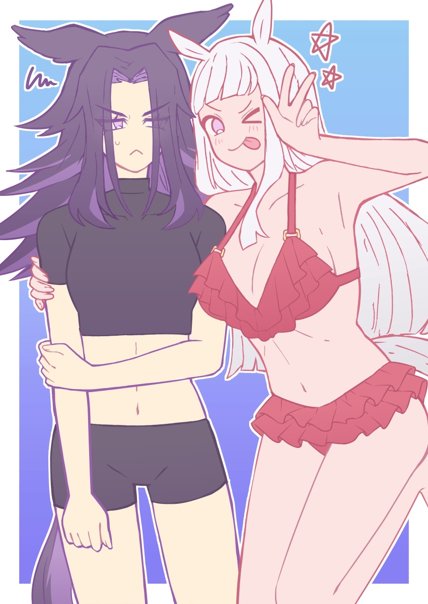 >_o, 2girls, absurdres, animal_ears, bare_shoulders, bikini, black_hair, black_shirt