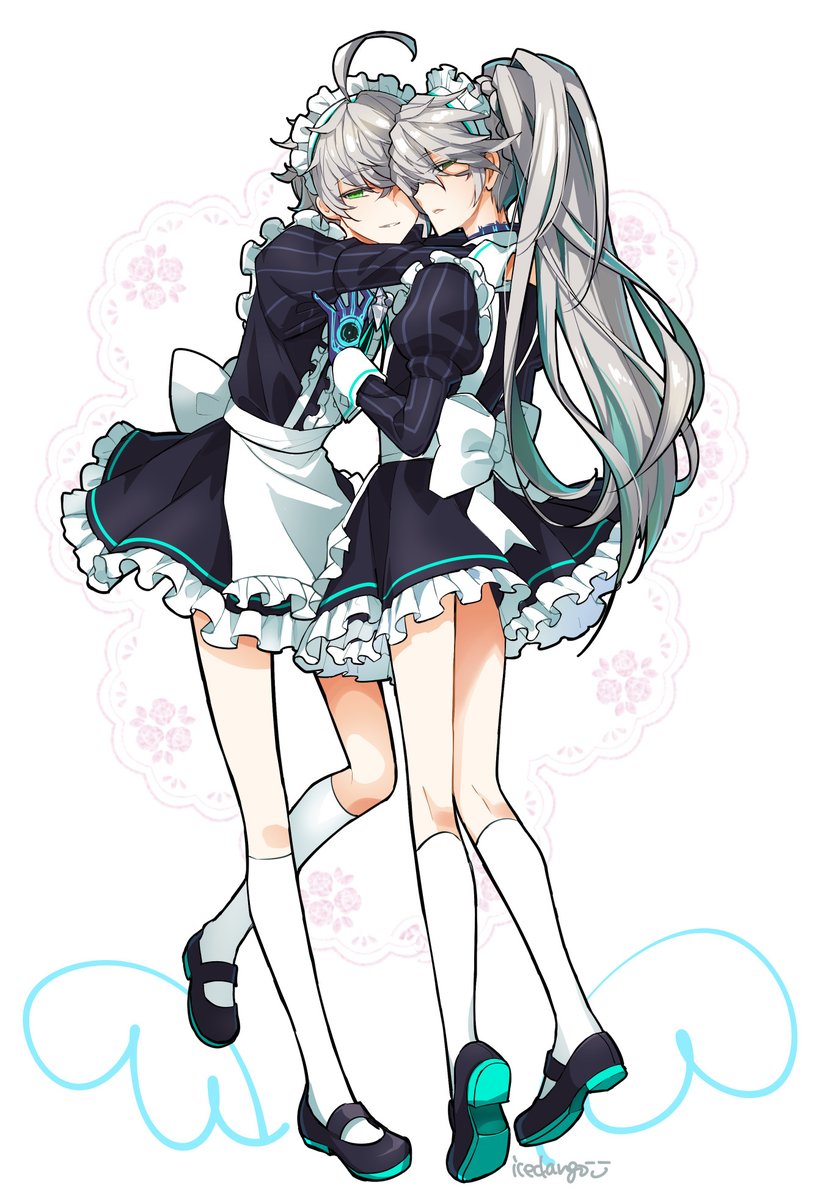 2boys, ahoge, ainchase_ishmael, alternate_costume, apron, arms_around_neck, artist_name, back_bow