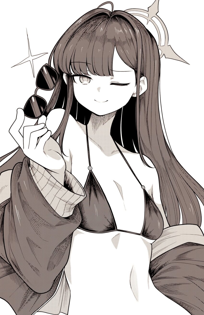 1girl, blue_archive, highres, ichika_(blue_archive), kinkuri07651, looking_at_viewer, one_eye_closed, sunglasses