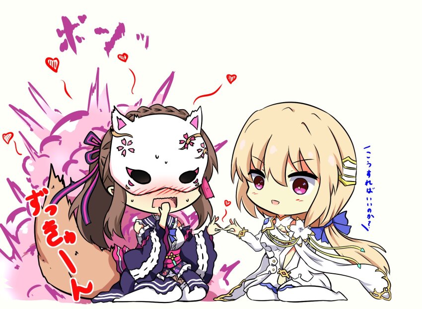 2girls, blonde_hair, braid, brown_hair, chibi, chibi_only, commentary_request, explosion