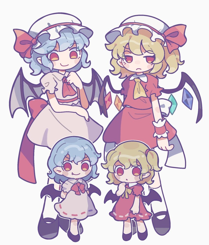 4girls, aged_down, ascot, bat_wings, black_wings, blonde_hair, blue_hair, commentary_request