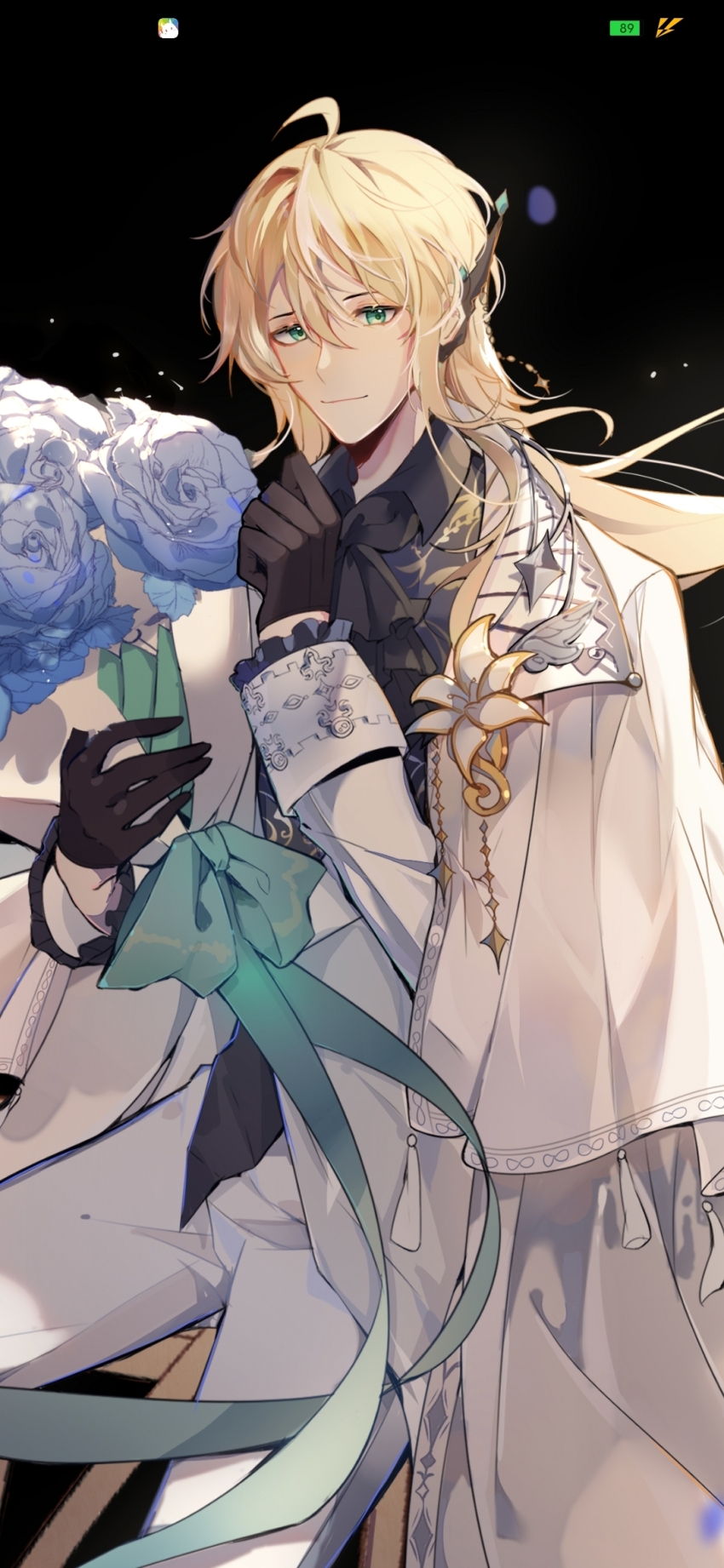 1boy, ahoge, alkaid_mcgrath, alkaid_mcgrath_(godheim), alternate_costume, ascot, black_ascot, black_background