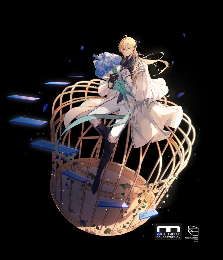 1boy, absurdres, ahoge, alkaid_mcgrath, alkaid_mcgrath_(godheim), alternate_costume, ascot, birdcage