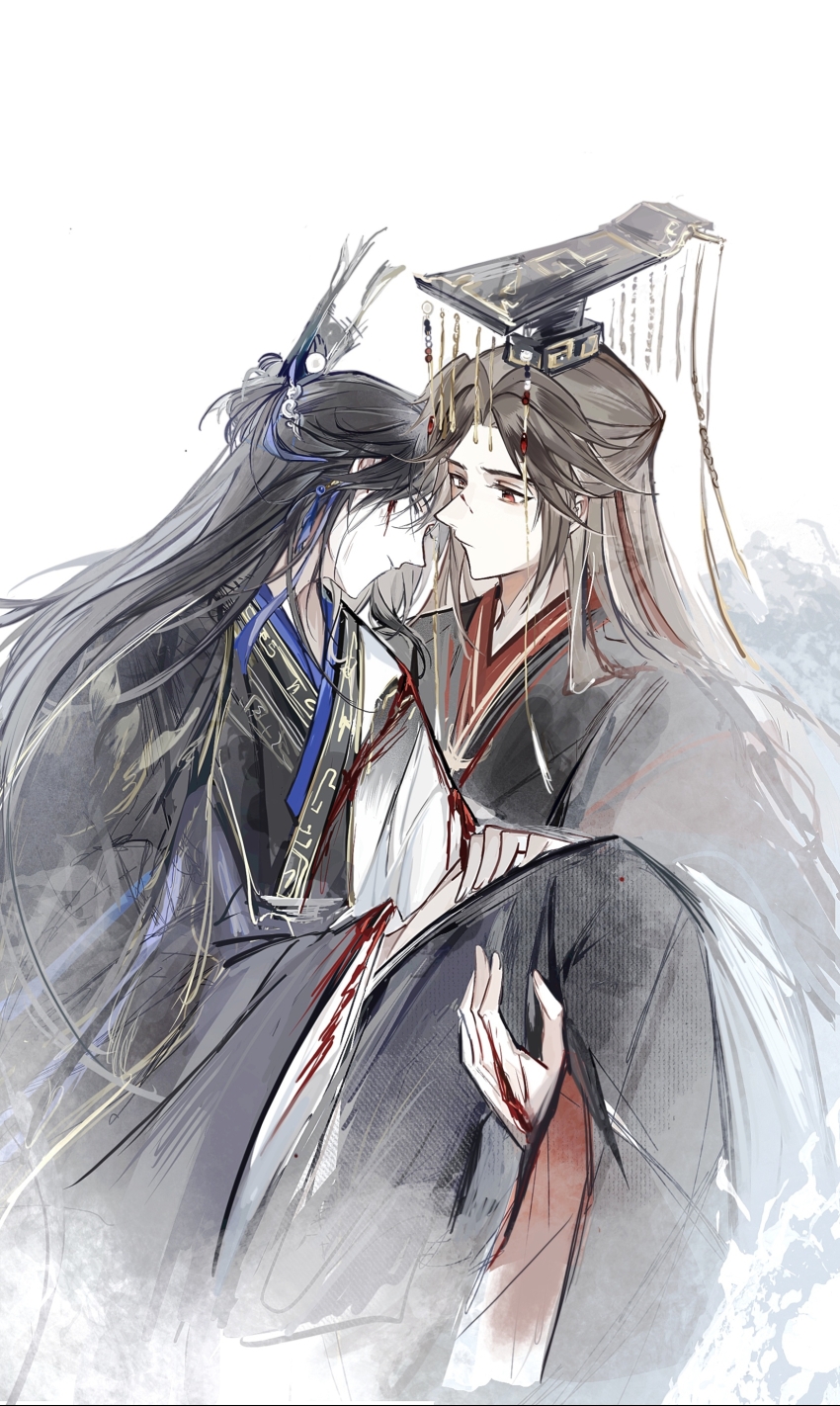 2boys, absurdres, alternate_eye_color, black_hair, black_hanfu, black_robe, blood, blood_on_clothes