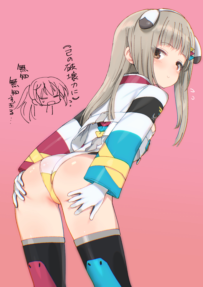 1girl, alice_gear_aegis, ass, black_jacket, black_thighhighs, blue_jacket, blue_leotard, brown_eyes, brown_hair, closed_mouth, commentary_request, cropped_jacket, flying_sweatdrops, gloves, hair_ornament, hairband, hairclip, hands_on_own_ass, highleg, highleg_leotard, jacket, leotard, long_hair, long_sleeves, looking_at_viewer, looking_back, multicolored_jacket, multicolored_leotard, pink_background, pink_jacket, rakuhana_meru, shimada_fumikane, simple_background, smile, solo, thighhighs, white_gloves, white_hairband, white_jacket, white_leotard, yellow_jacket, yellow_leotard