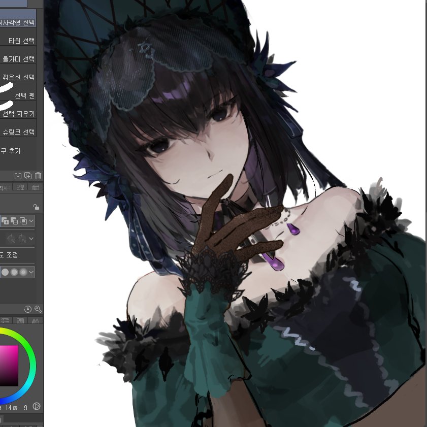 1girl, art_program_in_frame, bare_shoulders, black_eyes, black_hair, bonnet, commentary_request, dress