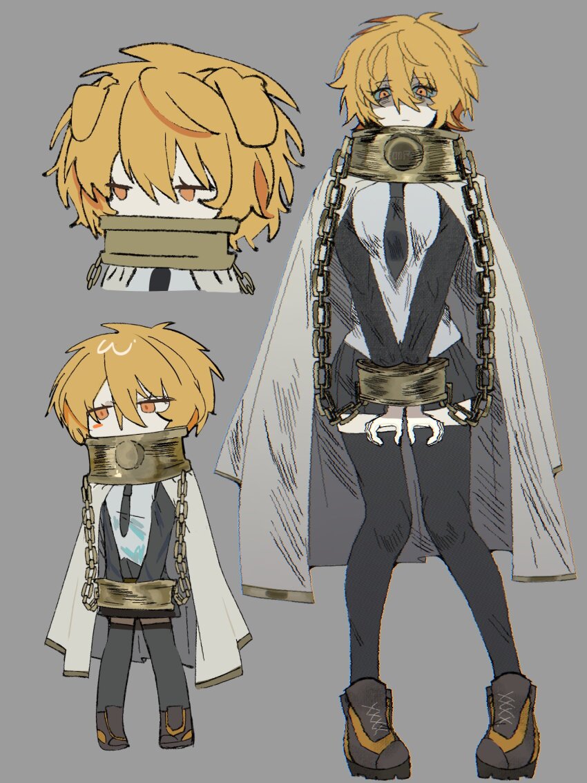 1girl, animal_ears, black_necktie, black_skirt, black_thighhighs, blonde_hair, breasts, brown_shoes, cape, chain, collar, commentary, cuffs, cuffs-to-collar, dog_ears, don_quixote_(project_moon), empurpiee, floppy_ears, full_body, highres, index_(identity)_(project_moon), kemonomimi_mode, limbus_company, long_sleeves, metal_collar, multiple_views, necktie, project_moon, shaded_face, shoes, skirt, thighhighs, white_cape, yellow_eyes