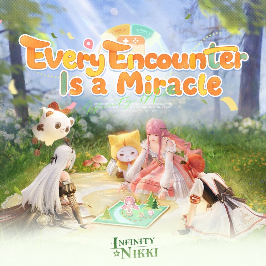 3d, 3girls, absurdres, aderinna_(infinity_nikki), ahoge, album_cover, animal, animal_ears