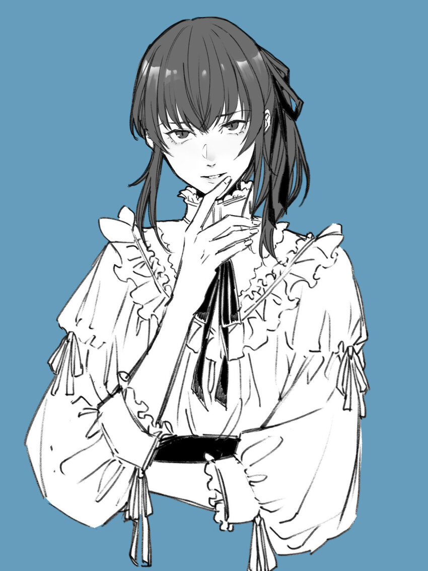 1boy, alternate_costume, blue_background, commentary_request, cropped_torso, finger_to_own_chin, greyscale_with_colored_background, highres