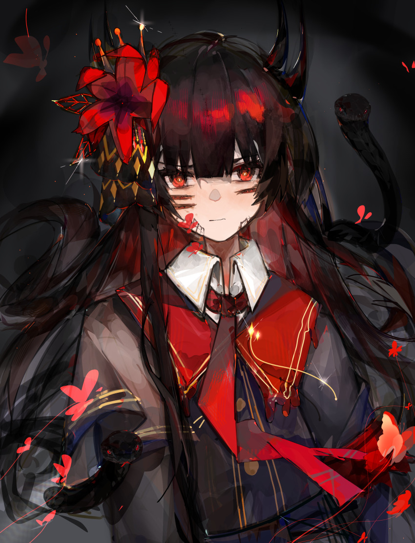 1girl, absurdres, black_background, black_capelet, black_hair, black_shirt, bug, butterfly