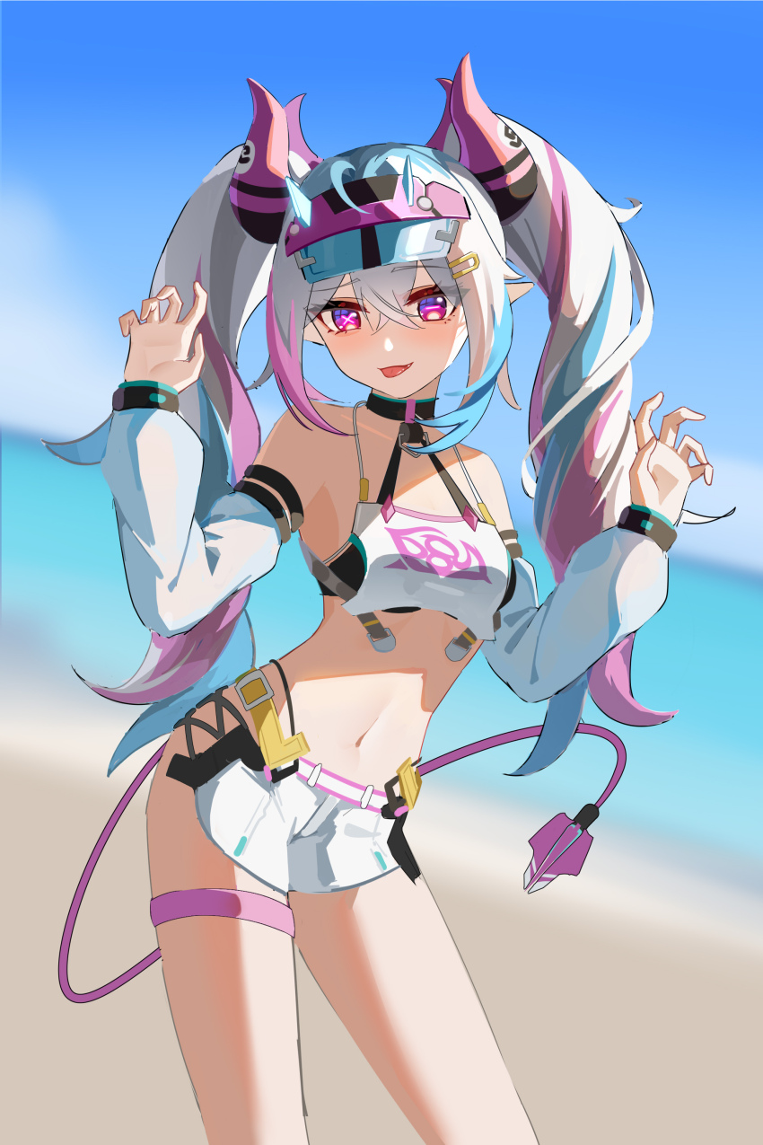 1girl, absurdres, bikini, bikini_shorts, blue_streaks, chinese_commentary, choker, claw_pose