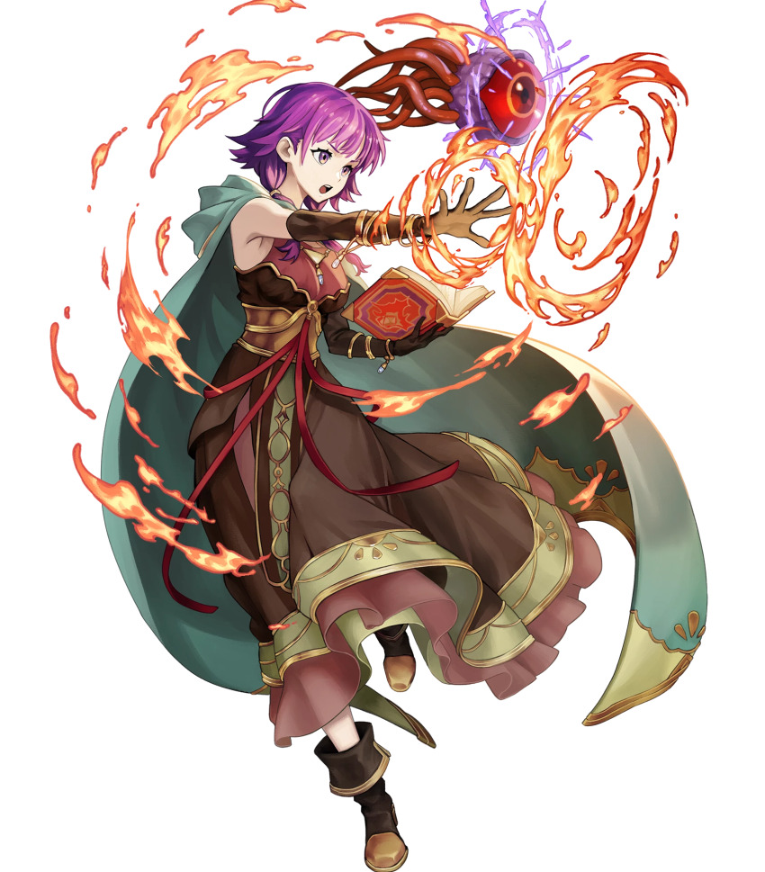1girl, attack, black_gloves, book, cloak, elbow_gloves, female_focus, fire, fire_emblem, fire_emblem:_the_sacred_stones, fire_emblem_heroes, gloves, green_cloak, hair_over_shoulder, high_heels, highres, holding, holding_book, hood, hooded_cloak, lute_(fire_emblem), lute_(limitless_curiosity)_(fire_emblem), magic, matching_hair/eyes, medium_hair, monster, nintendo, non-web_source, official_alternate_costume, official_art, open_book, open_mouth, purple_eyes, purple_hair, solo, v-shaped_eyebrows