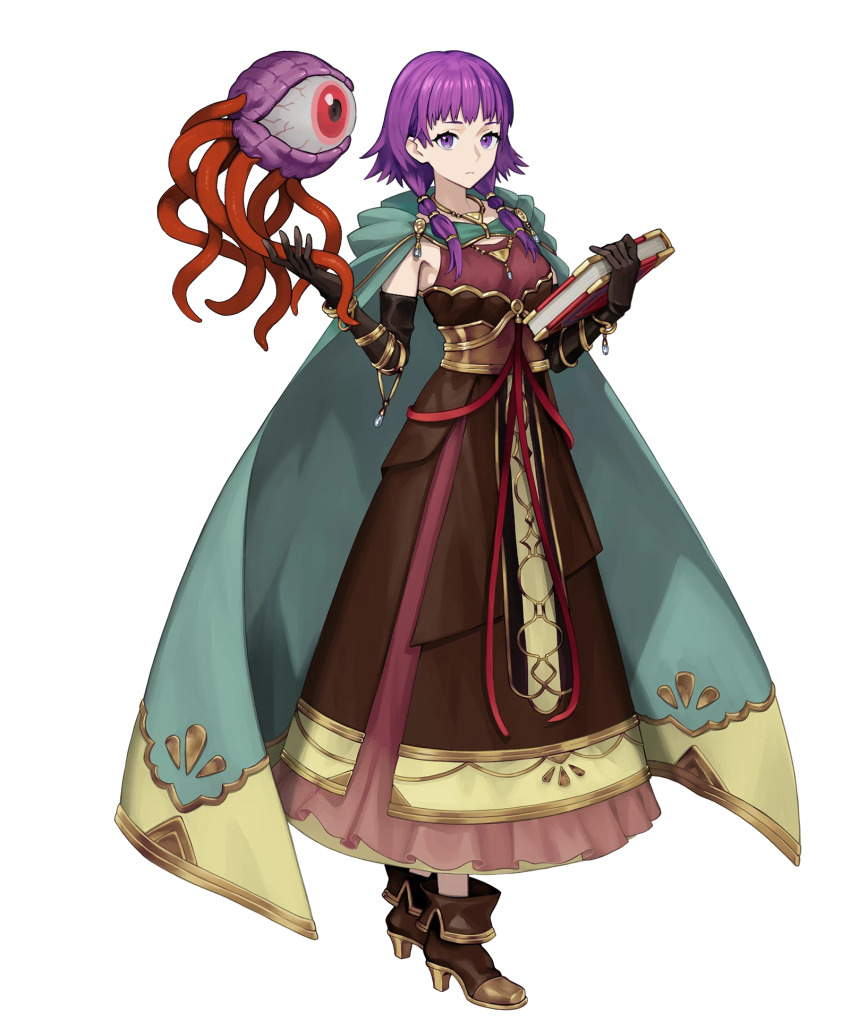 1girl, black_gloves, book, cloak, elbow_gloves, female_focus, fire_emblem, fire_emblem:_the_sacred_stones, fire_emblem_heroes, full_body, gloves, green_cloak, hair_over_shoulder, high_heels, highres, holding, holding_book, hood, hooded_cloak, looking_at_viewer, lute_(fire_emblem), lute_(limitless_curiosity)_(fire_emblem), matching_hair/eyes, medium_hair, monster, nintendo, non-web_source, official_alternate_costume, official_art, purple_eyes, purple_hair, solo, standing, tachi-e